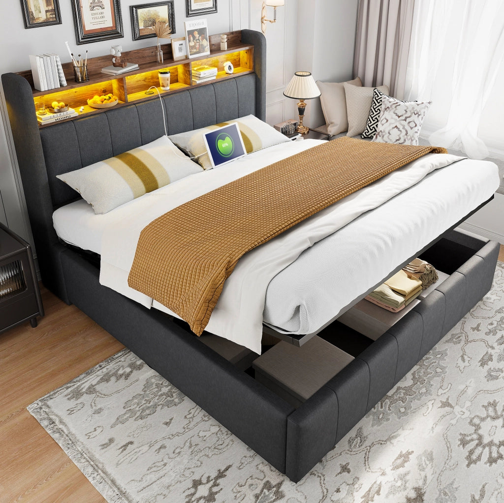 Letto imbottito 160x200 cm grigio con LED, USB e vano contenitore