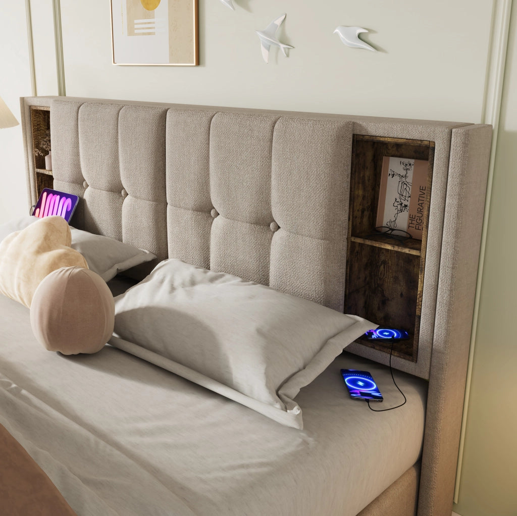 Letto imbottito 140x200 cm con contenitore, ricarica wireless, USB e USB-C in lino naturale