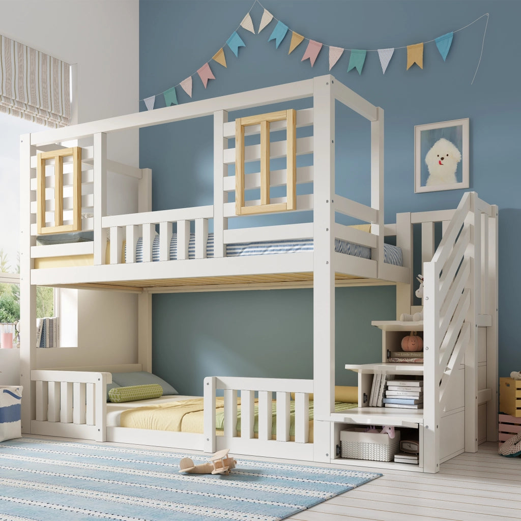 Letto a castello per bambini 90 × 200 cm con scala contenitore e finestre, senza materasso, in legno, bianco