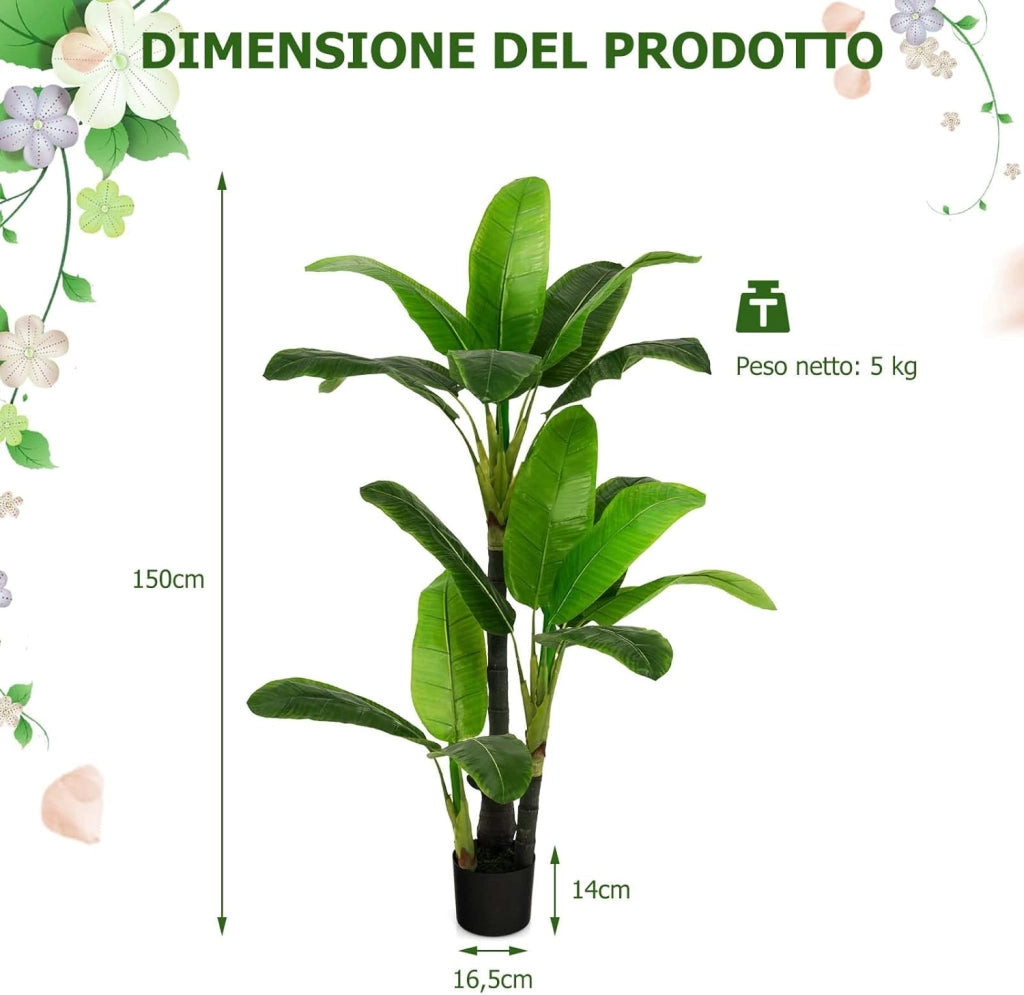 Pianta Finta Artificiale da 150 cm, Albero di Areca Artificiale con Supporto in Cemento, 18 Foglie in Plastica PE e 3 Rami, Ideale per Casa, Negozio e Ufficio, Verde