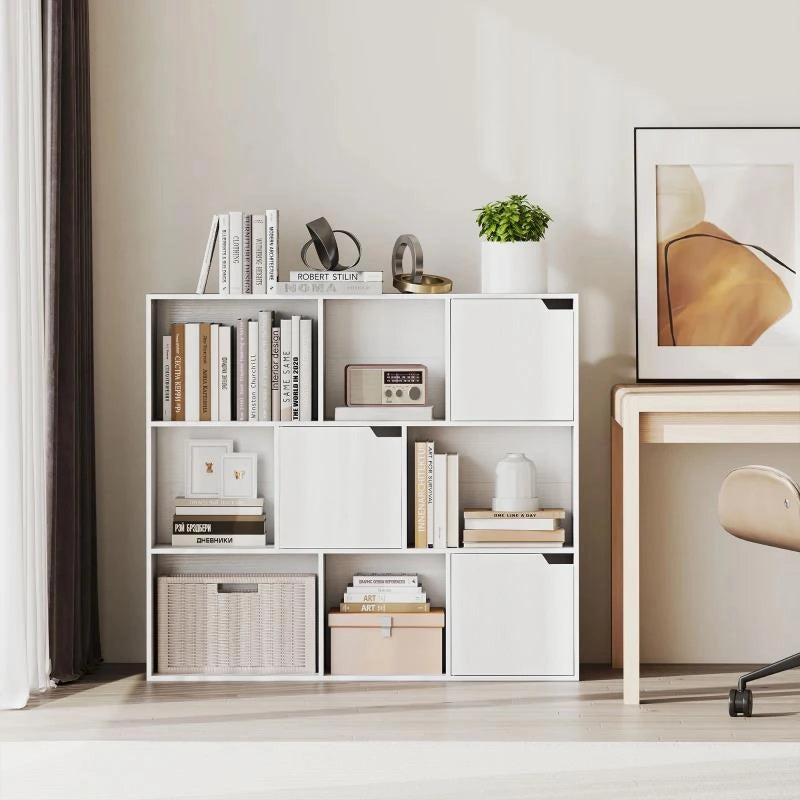 LIBRERIA A CUBI CON 6 SEZIONI APERTE E 3 CHIUSE, IN LEGNO BIANCO, 106X24X95 CM