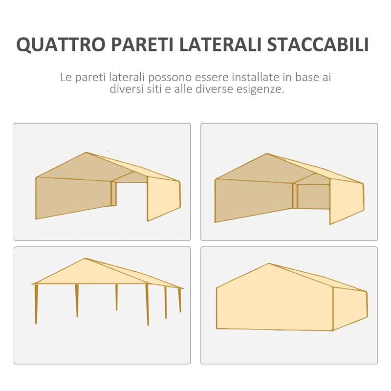 GAZEBO TENDONE PER FESTE 6X3M CON PARETI LATERALI RIMOVIBILI, PORTE E FINESTRE, BIANCO