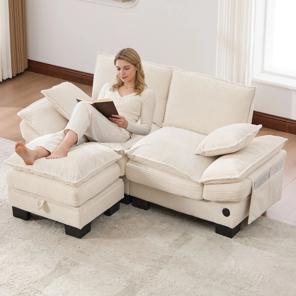 Divano 2 Posti con Poggiapiedi ¨C Xylo ¨C Tessuto Beige, Cuscini, Braccioli