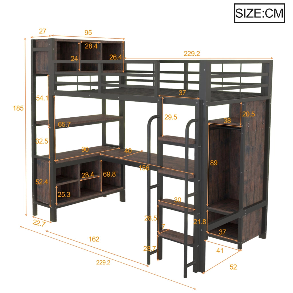 Letto a soppalco multifunzione 90x200 cm con scrivania, armadio, ripiani e LED, nero