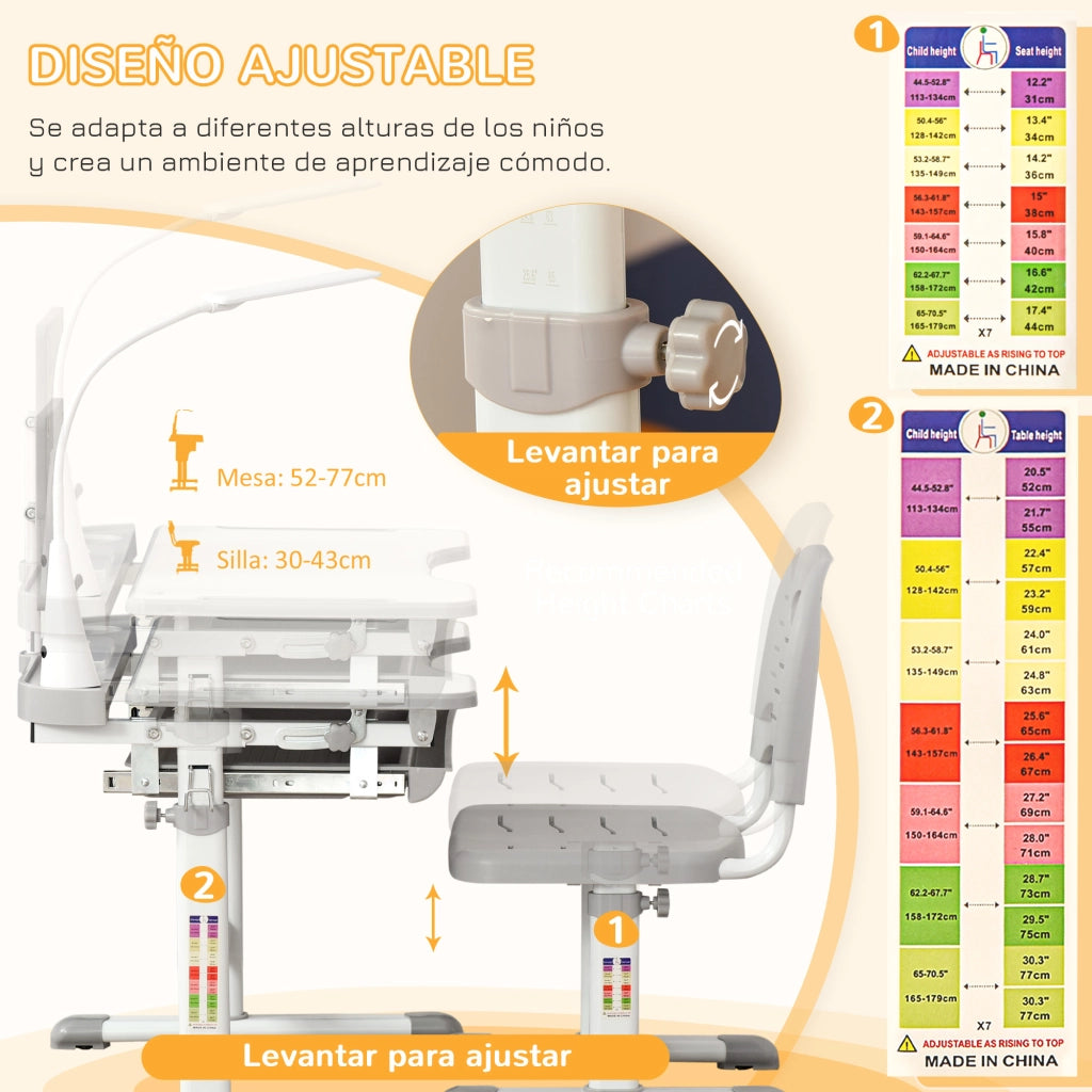 Scrivania con Sedia per Bambini ¨C Xylo ¨C Regolabile con Lampada Cassetto Scaffale Grigio