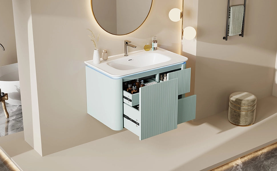 Mobile sottolavabo con LED, lavabo in ceramica e 4 cassetti, per bagno, in MDF e ceramica, verde, 80,5 × 47,5 × 51 cm