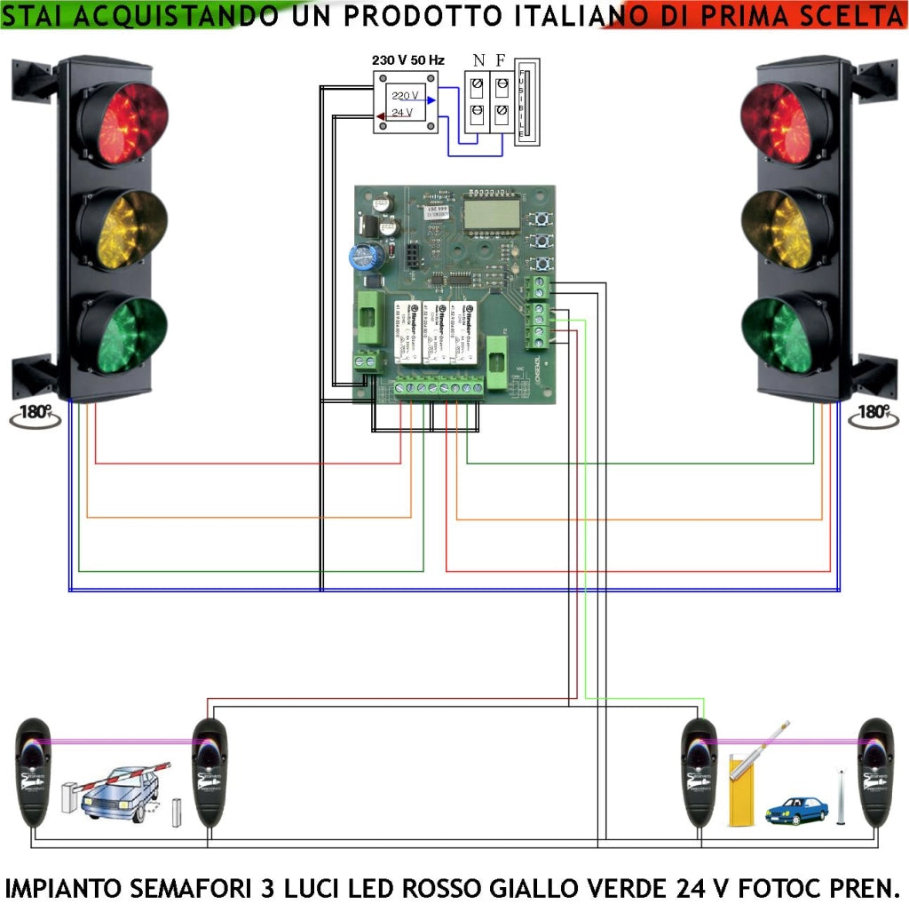 Impianto Semaforo 3 Luci 3 Schede da 24 Led Rossi 24 Led Gialli 24 Led Verdi 24 V IP65 Centrale 220/24 V 50 Hz Con Funzioni Controllate da 2 Coppie di Fotocellule Tempi Regolabili da 3 a 240 Secondi Prelazione Ingresso Uscita Veicoli Garage