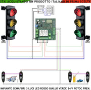 Impianto Semaforo 3 Luci 3 Schede da 24 Led Rossi 24 Led Gialli 24 Led Verdi 24 V IP65 Centrale 220/24 V 50 Hz Con Funzioni Controllate da 2 Coppie di Fotocellule Tempi Regolabili da 3 a 240 Secondi Prelazione Ingresso Uscita Veicoli Garage