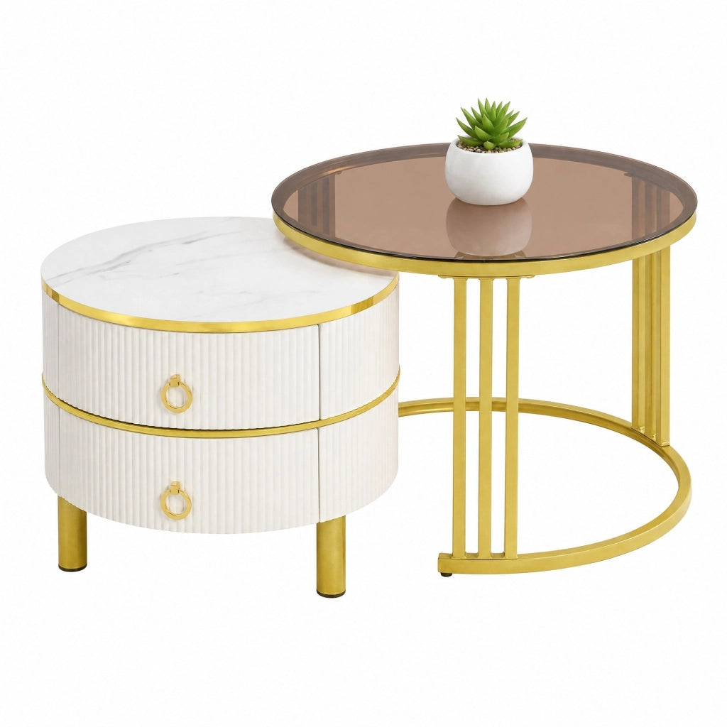 Set di 2 tavolini rotondi con 2 cassetti, bianco e oro