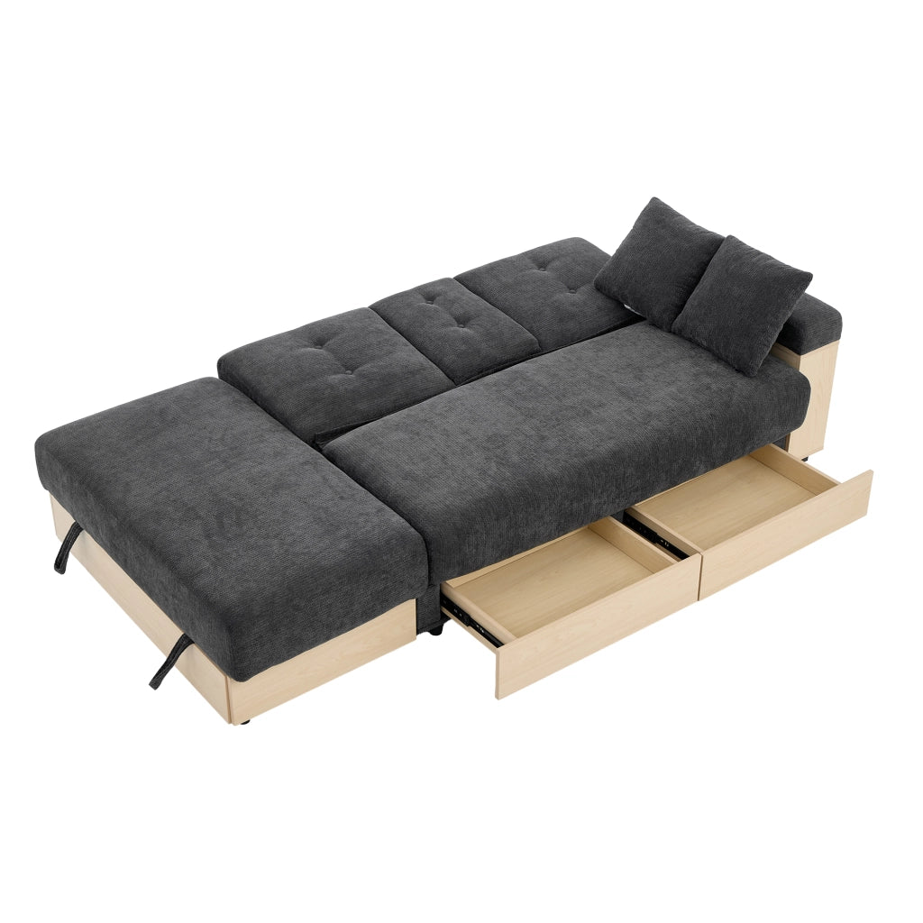 Divano letto 3 posti con contenitore; schienale reclinabile e portabicchieri in ciniglia grigia 217×110×90 cm