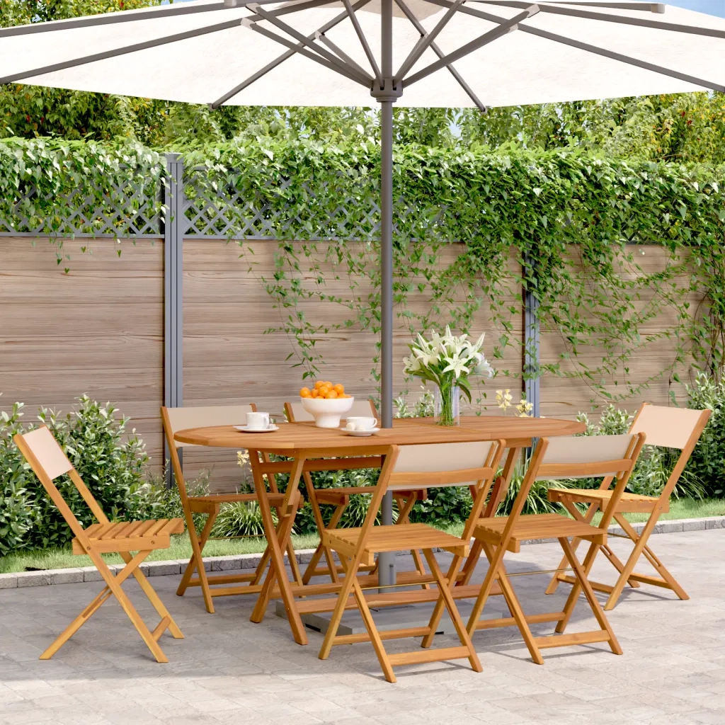 Sedie da Giardino Pieghevoli 6 pz | Sedie da Esterno Beige Tessuto e Legno Massello
