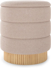 Pouf con Contenitore, Scatola Portaoggetti Rotonda con Coperchio, Pouf Poggiapiedi Imbottito con Legno di Pino, Panca Contenitore per Camera da Letto, Ø 43x46 Cm, Beige