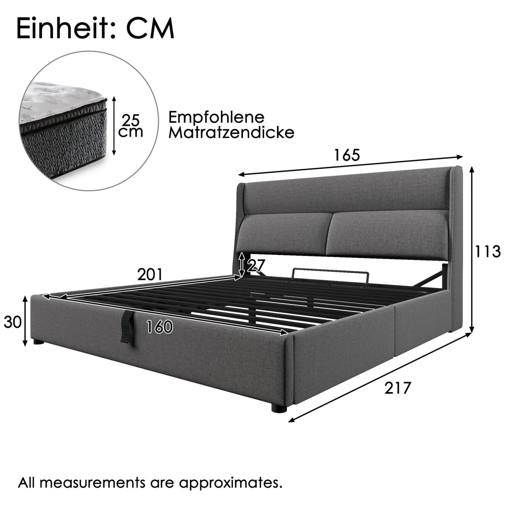 Letto matrimoniale 160x200 cm con testiera regolabile; contenitore idraulico in lino grigio