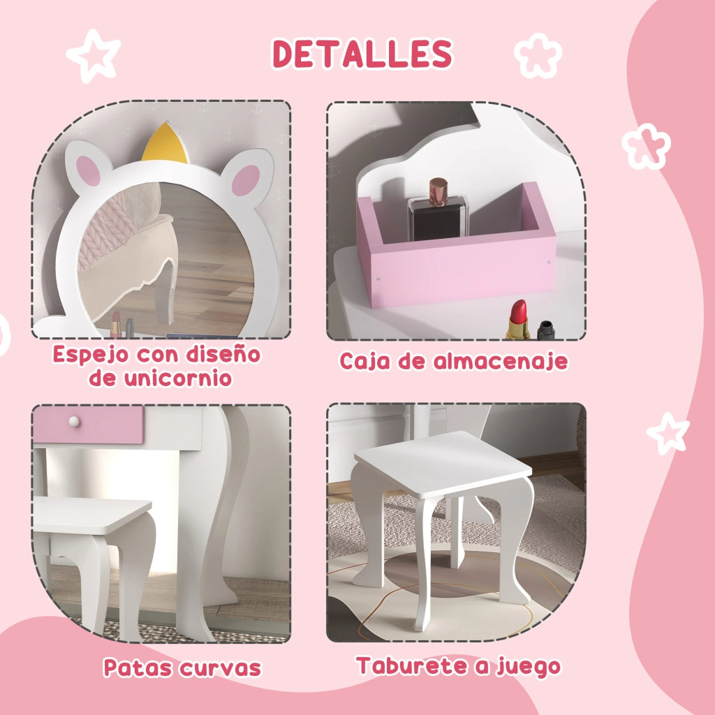 Tocador per bambini con specchio e sgabello ¨C zephmum ¨C design unicorno bianco