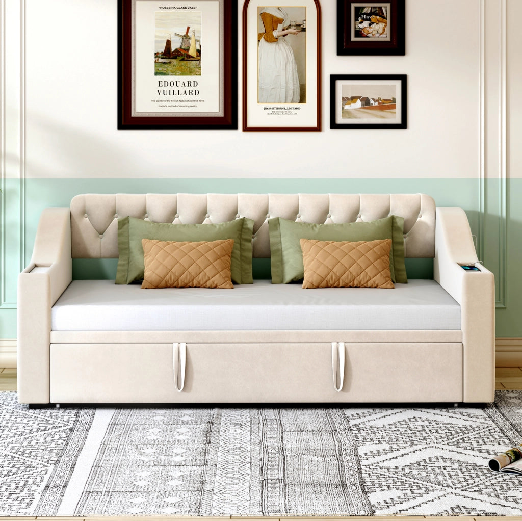 Divano letto imbottito 90x190/180x190 cm beige con USB