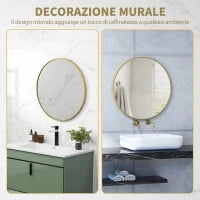 Specchio Rotondo da Bagno con Superficie Antiurto, in Vetro e Acciaio, Ø70x2.5 cm, color Oro