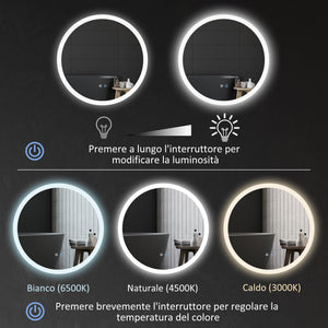 Specchio Bagno con Luci LED 3 Tonalità Ø60 cm Controllo Touch e Design Antiappannamento