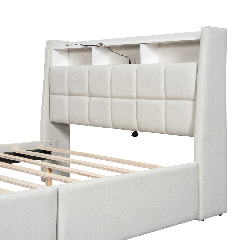 Polsterbett 140x200 cm con LED APP, USB e 2 cassetti, colore beige