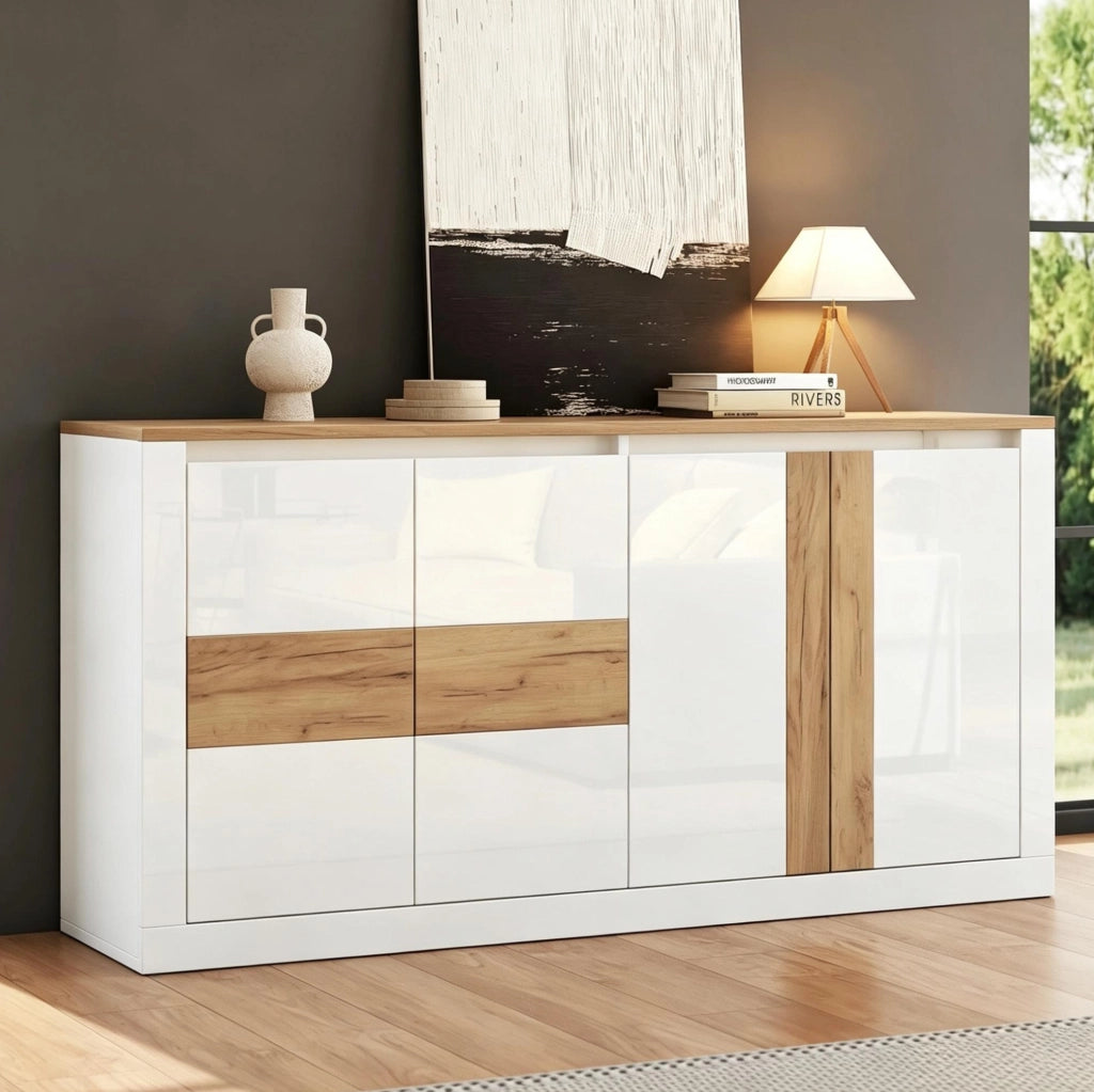 Credenza LED 140x35x70 cm in MDF bianco lucido e rovere naturale con 4 ante