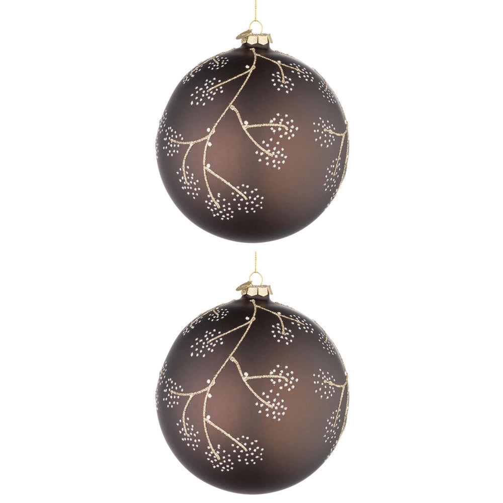 Palline di Natale in Vetro Marrone e Rametti Oro Floral Diametro: 150 mm