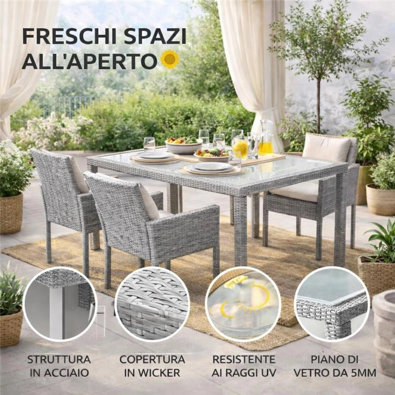 TAVOLO AZORE IN ACCIAIO E WICKER GRIGIO CHIARO 150 X 90CM