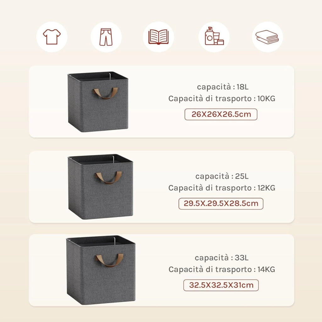 Set di 5 Cubi di Tessuto, Scatole Ripiegabili da Ripiano con Maniglia e Telaio in Metallo, Grigio, 32,5x32,5x31cm