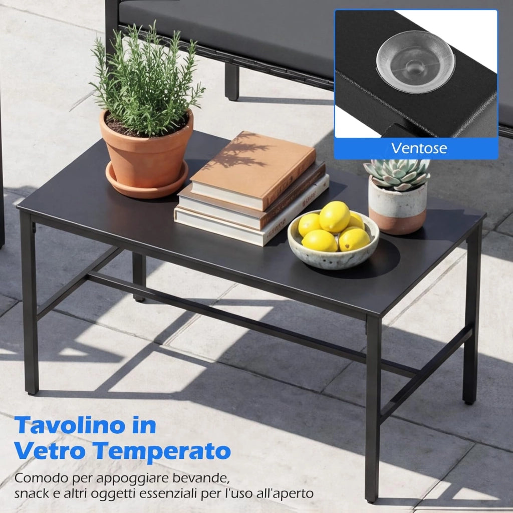 Set di Salotto da Giardino a 4 Pezzi, Poltrone e Divano per Esterno in Rattan con Tavolino da Caffè in Vetro Temperato e Cuscini Morbidi, Set di Conversazione per Cortile e Balcone (Grigio)