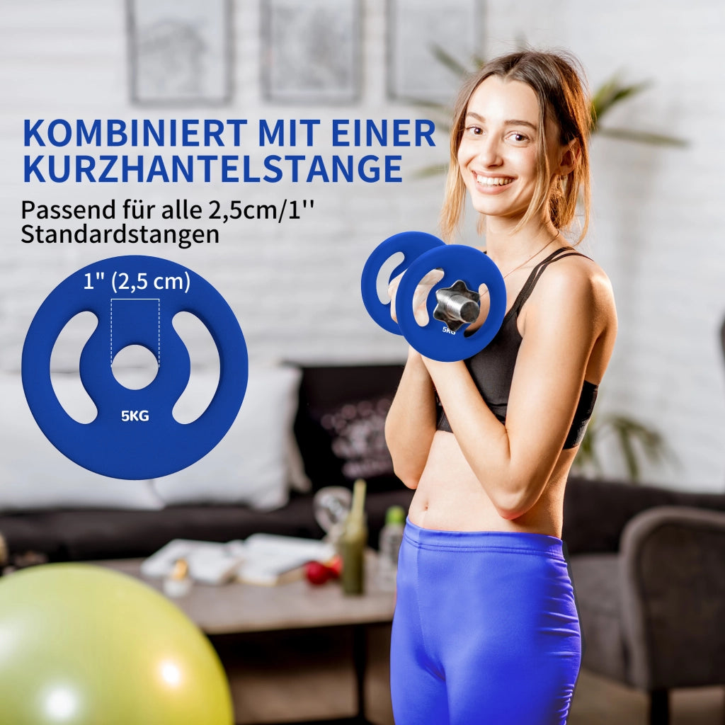 Set di 2 manubri, 2 pesi da 5 kg, set di dischi di peso, dischi di peso per bilancieri da 2,5 cm, foro ? 30 mm, blu