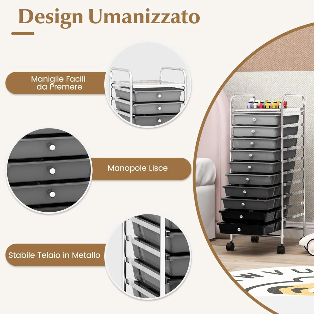 Carrello con 10 Cassetti da Stoccaggio, Cassettiera di Metallo e Plastica, Contenitore Multiuso con Ruote a Freno, per Casa e Ufficio (Nero sfumato)