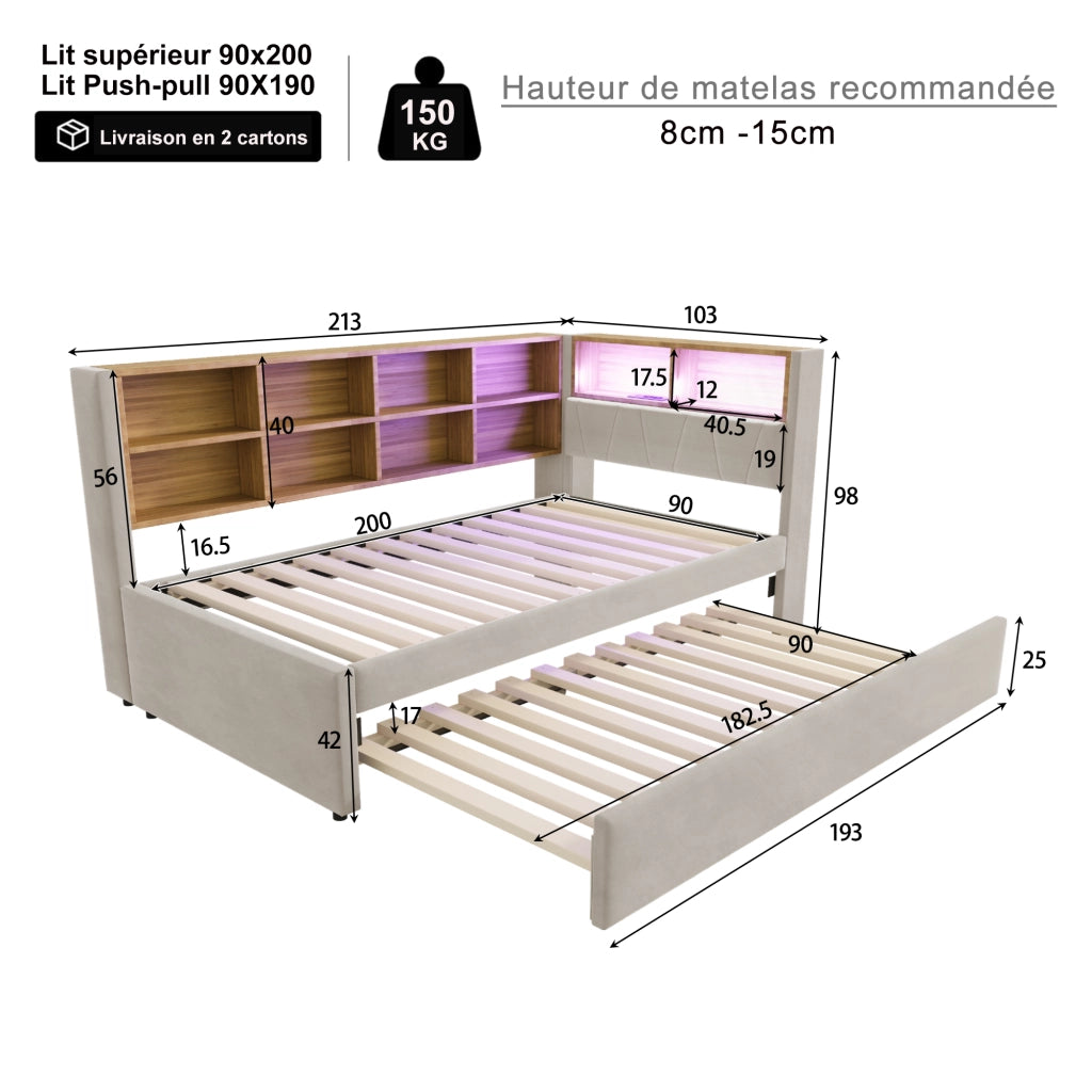 Divano letto multifunzione 90x200 cm con letto estraibile 90x190 cm; LED; grigio chiaro
