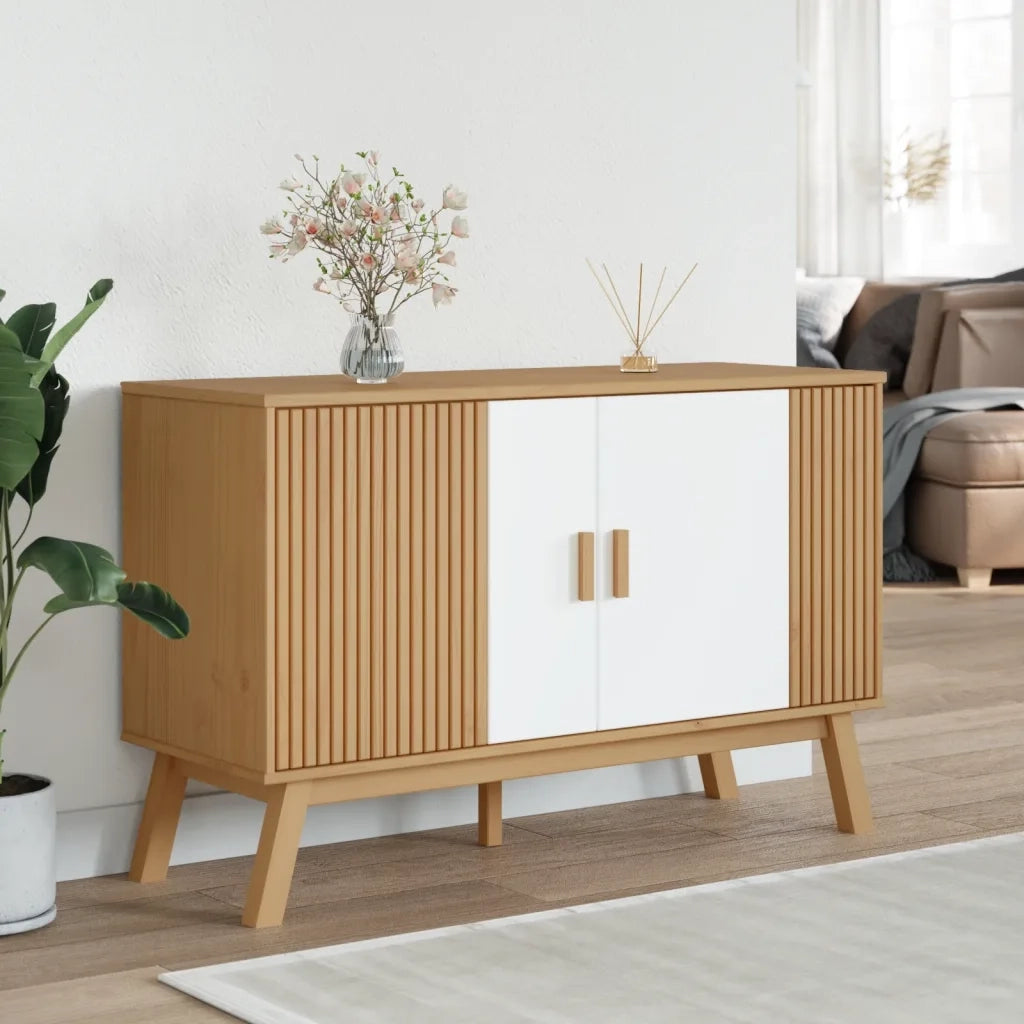 Credenza-Buffet-Armadio da cucina OLDEN Bianca e Marrone 114x43x73,5 cm Massello di Pino