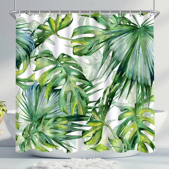 Douchegordijn 240 x 200 cm, foglie verdi, chiusura pesante, antimuffa, tessuto, impermeabile, lavabile, stoffa in poliestere, tende da doccia con inserti e 16 anelli di chiusura.