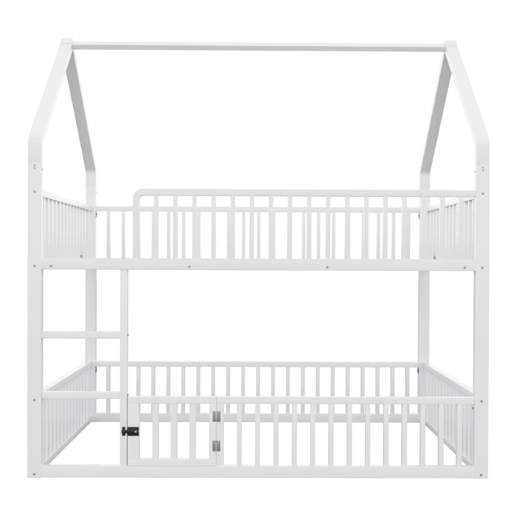 Letto a castello 140x200 cm a forma di casa con scala e porta in metallo bianco