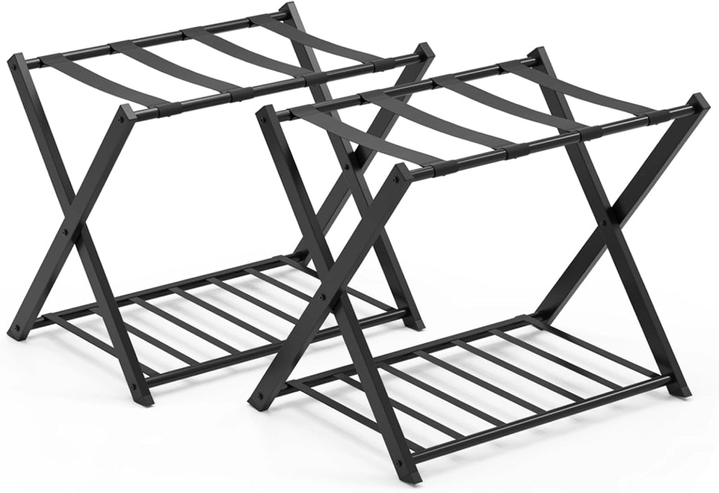2 Pz di Portavaligia Pieghevole, Portata 70 kg, a 2 Ripiani, con Scarpiera, Struttura in Ferro, Multiuso Salvaspazio, Ideale per Viaggio e Hotel, 63,5x44x67 cm, 2 Colori (Nero)