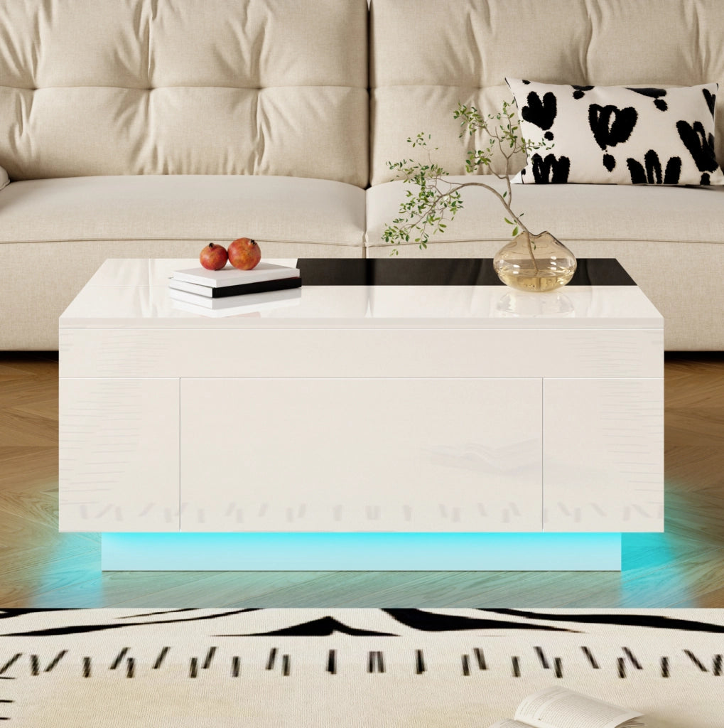 Tavolino 80x50x35,5 cm nero e bianco, con LED e contenitore, MDF lucido