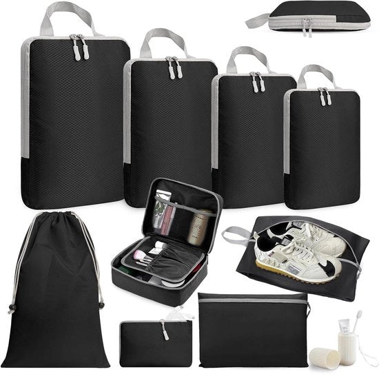 Set di compressione a 10 pezzi per valigie di viaggio - sacchetti di compressione espandibili per abbigliamento - ultraleggeri (nero)