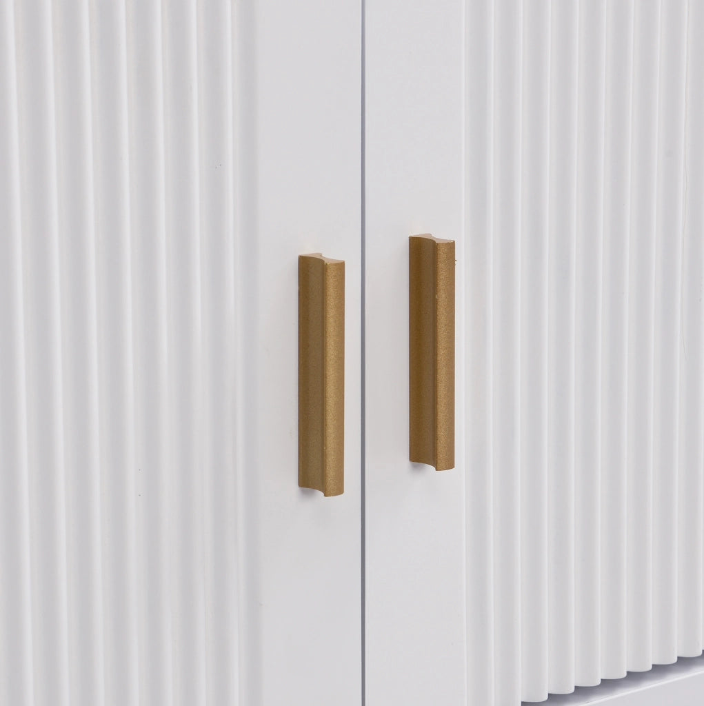 Mobile TV bianco MDF 175 cm con ante strutturate, 4 cassetti e maniglie dorate