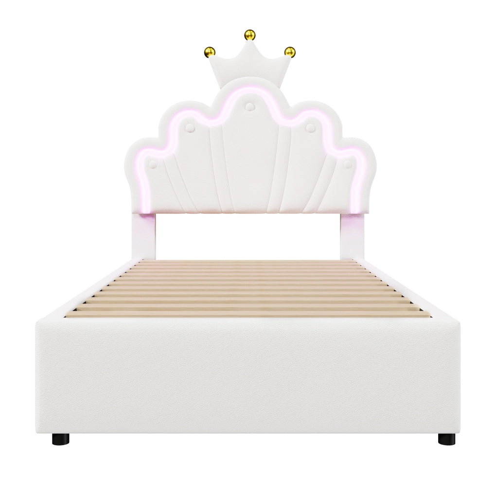 Letto per bambini 90x200 cm con 2 cassetti; LED; testiera regolabile; PU bianco