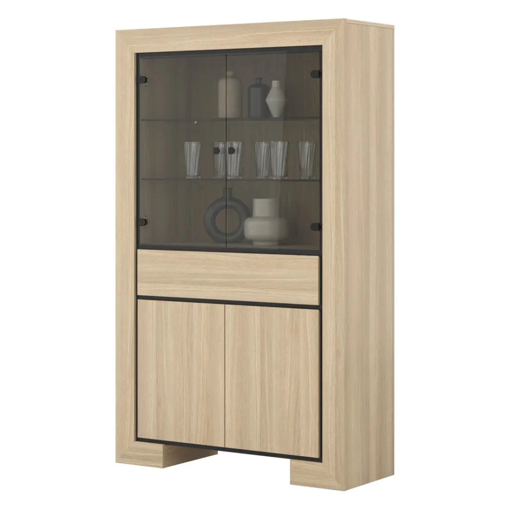 Vetrina larga COPA – 4 porte (2 vetrate, 2 piene) e 1 cassetto – Rovere elegante – Illuminazione LED integrata