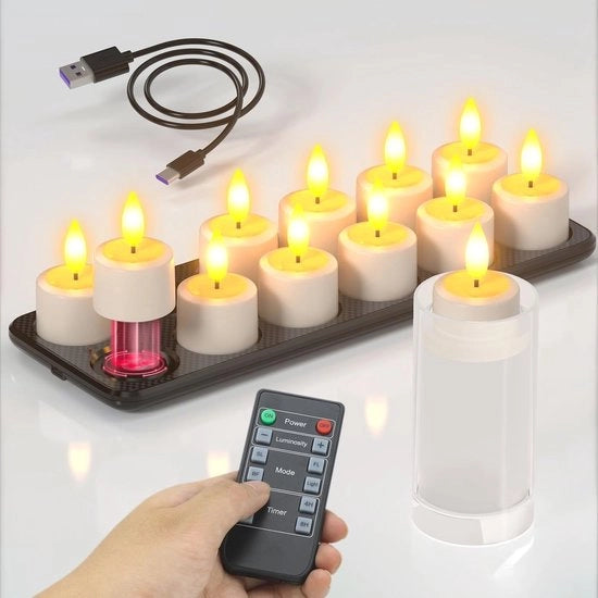 Set di Luci a LED Ricaricabili da 12 con Stazione di Ricarica e Comando a Distanza - Impermeabile e Flickerante per Decorazione Interna e Esterna
