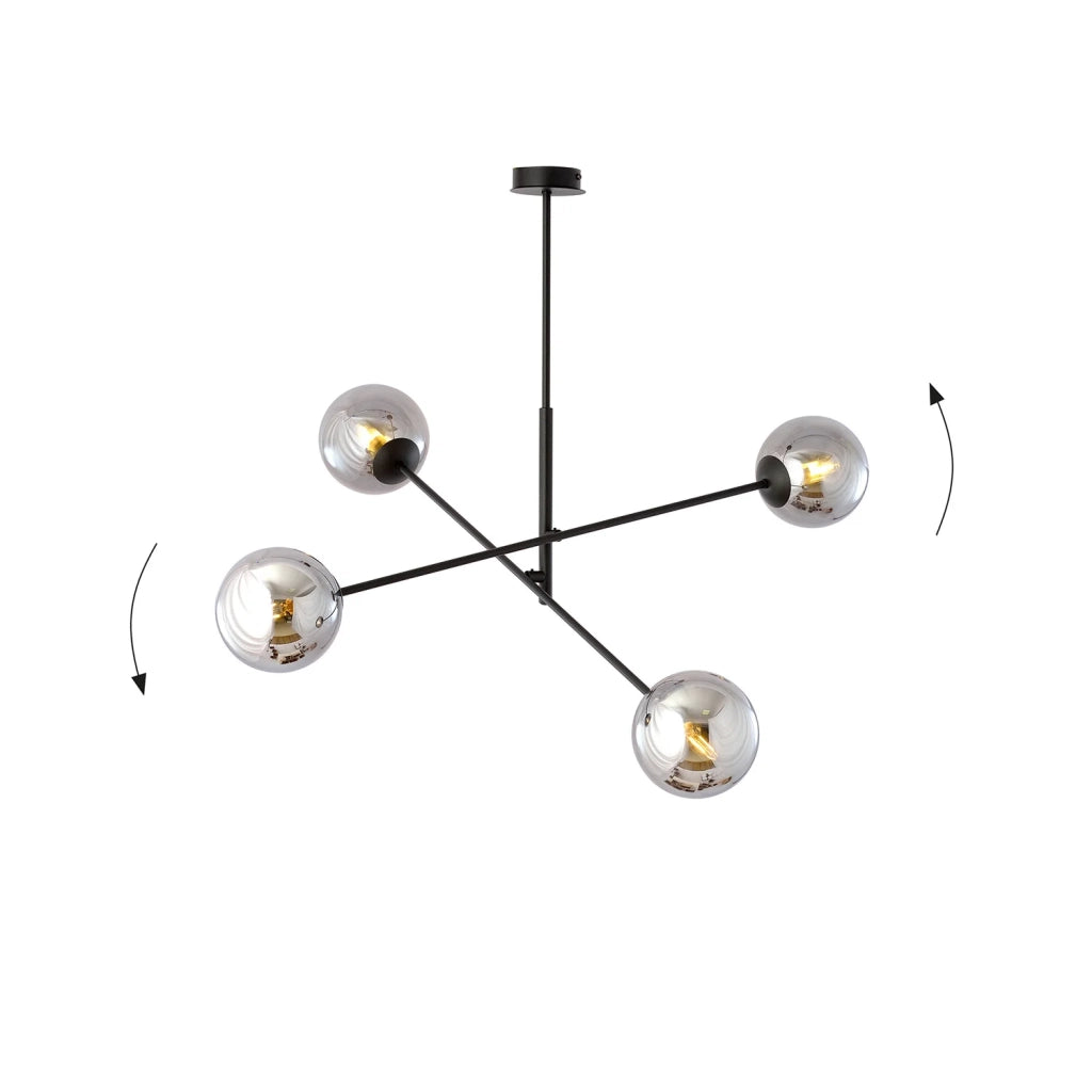Lampadario 4 Luci Yama In Acciao Nero Con Bracci Regolabili E Vetro Fumè