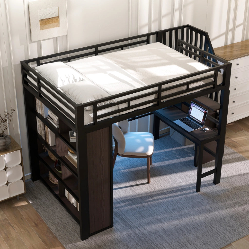 LETTO a soppalco 140x200 cm in metallo nero con scrivania e LED