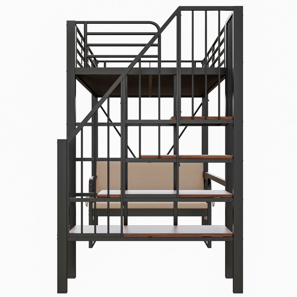 Letto a castello 90x200 cm in metallo e MDF con divano imbottito rimovibile; scala contenitore; nero