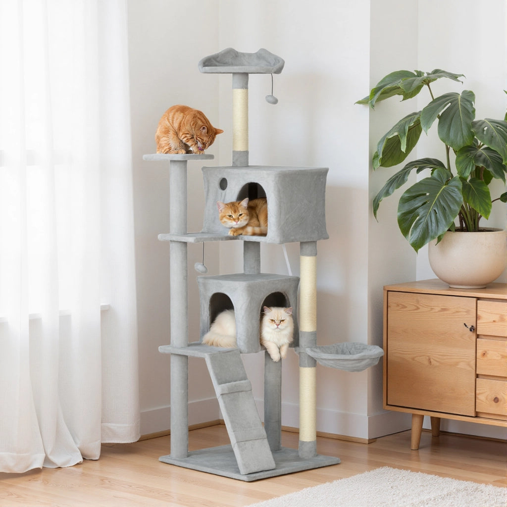 Albero tiragraffi per gatti con piattaforme, nicchia, letto, amaca e scala ¨C zephmum ¨C 56x56x180cm grigio