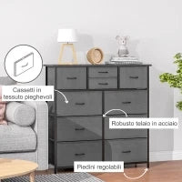 Cassettiera 10 Cassetti Moderna in Tessuto non Tessuto, Acciaio e MDF, 100x30x100 cm, Nera