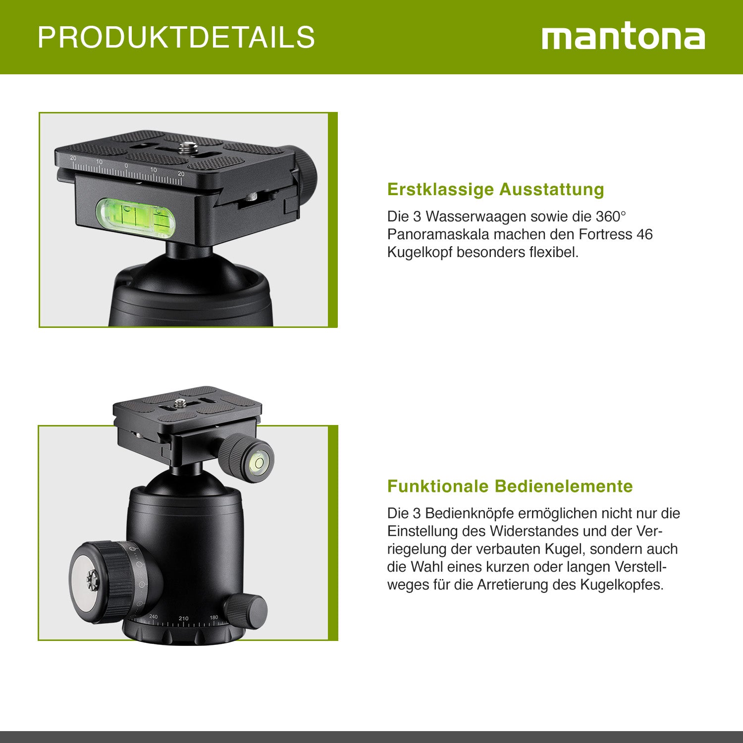 Mantona Fortress Testa a sfera per stativi treppiedi fotografici, 46 mm max 25 kg, con funzione panoramica 360° e 3 livelle, incl piastra sgancio rapido, per fotocamera accessori fotografia