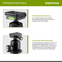 Mantona Fortress Testa a sfera per stativi treppiedi fotografici, 46 mm max 25 kg, con funzione panoramica 360° e 3 livelle, incl piastra sgancio rapido, per fotocamera accessori fotografia