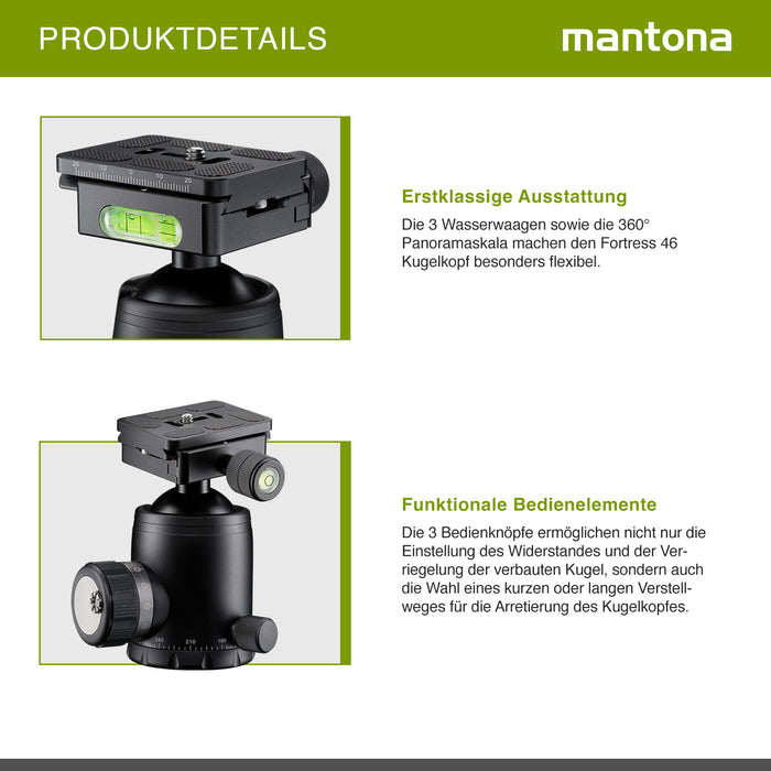 Mantona Fortress Testa a sfera per stativi treppiedi fotografici, 46 mm max 25 kg, con funzione panoramica 360° e 3 livelle, incl piastra sgancio rapido, per fotocamera accessori fotografia