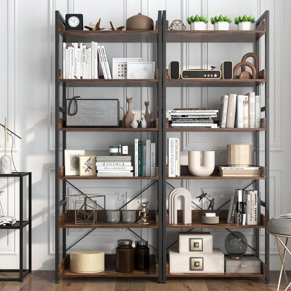 Scaffale a 6 Ripiani, Libreria Industriale Alta 177 cm con Ripiani Aperti e 4 Ganci, Scaffale Multifunzionale e Flessibile per Ufficio Soggiorno Camera da Letto e Cucina