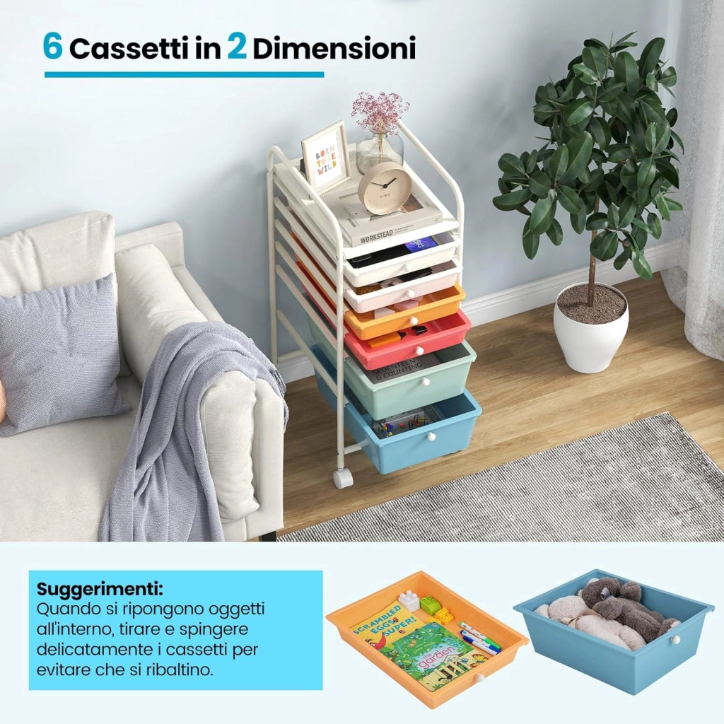 Carrello con 6 Cassetti e Ruote, Cassettiera in Plastica, con Due Dimensioni di Cassetti, Contenitore Multiuso per Casa Bagno e Ufficio, 37 x 74 x 32cm (Morandi)